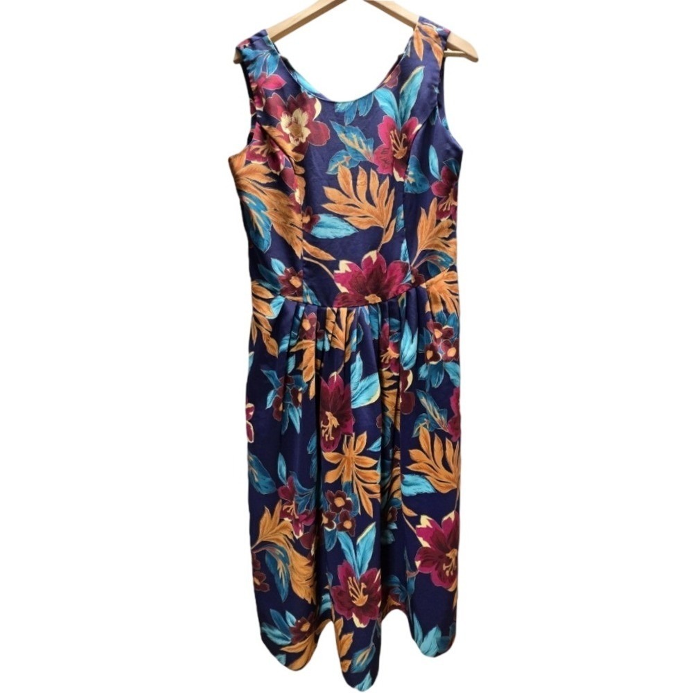 Vintage SL Fashions Sleeveless Floral Midi Dress Women's Size 16 V-Neck Pleated